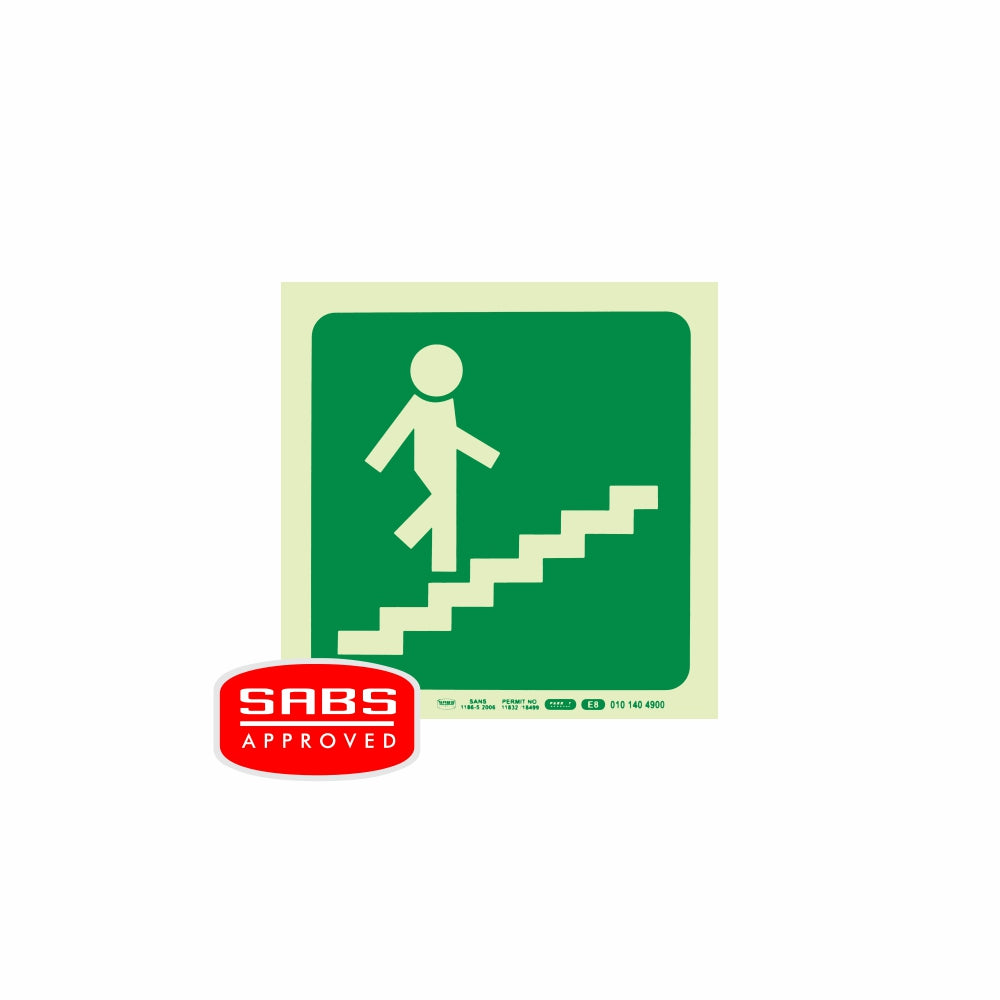 Photoluminescent 190MM Safety Sign - E8-Running Man On Stairs Going Up AND Right