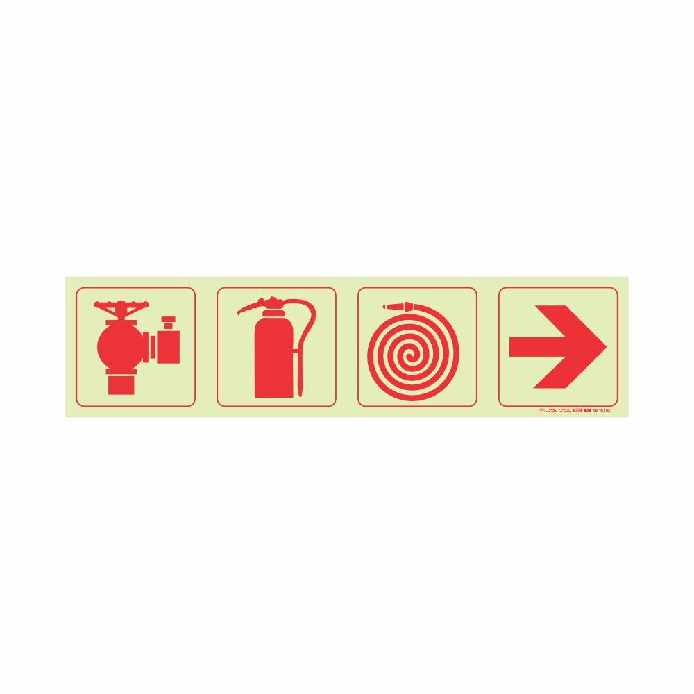 PHOTOLUMINESCENT 190MM SAFETY SIGN - F3-FIRE HYDRANT+FIRE EXTINGUISHER+FIRE HOSE REEL+ARROW RIGHT