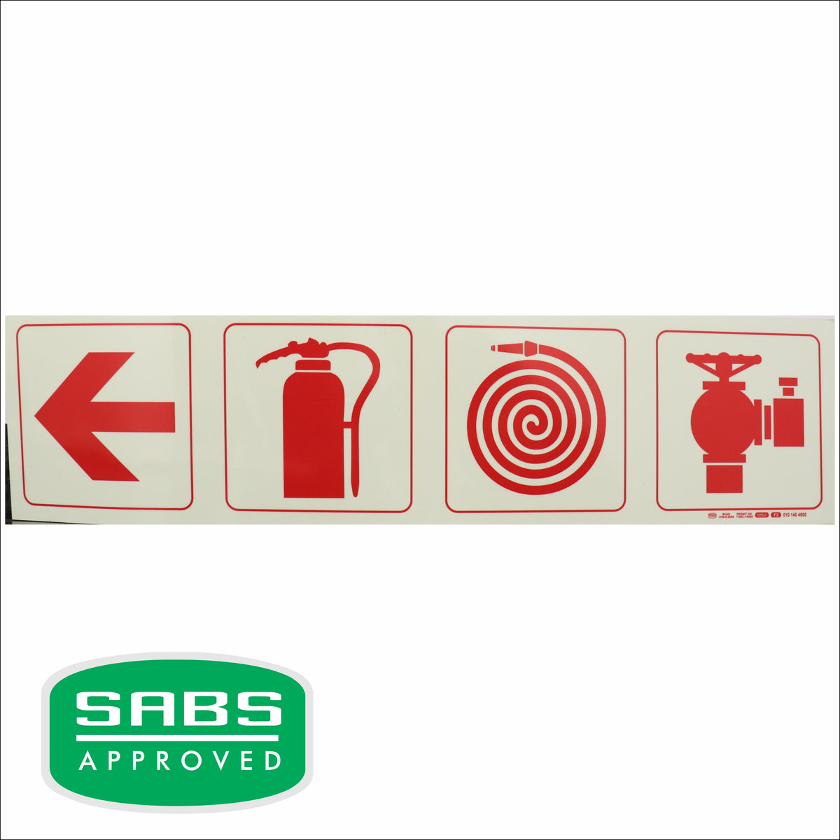 PHOTOLUMINESCENT 190MM SAFETY SIGN - F2-ARROW DOWN + FIRE EXTINGUISHER + FIRE HOSE REEL+FIRE HYDRANT