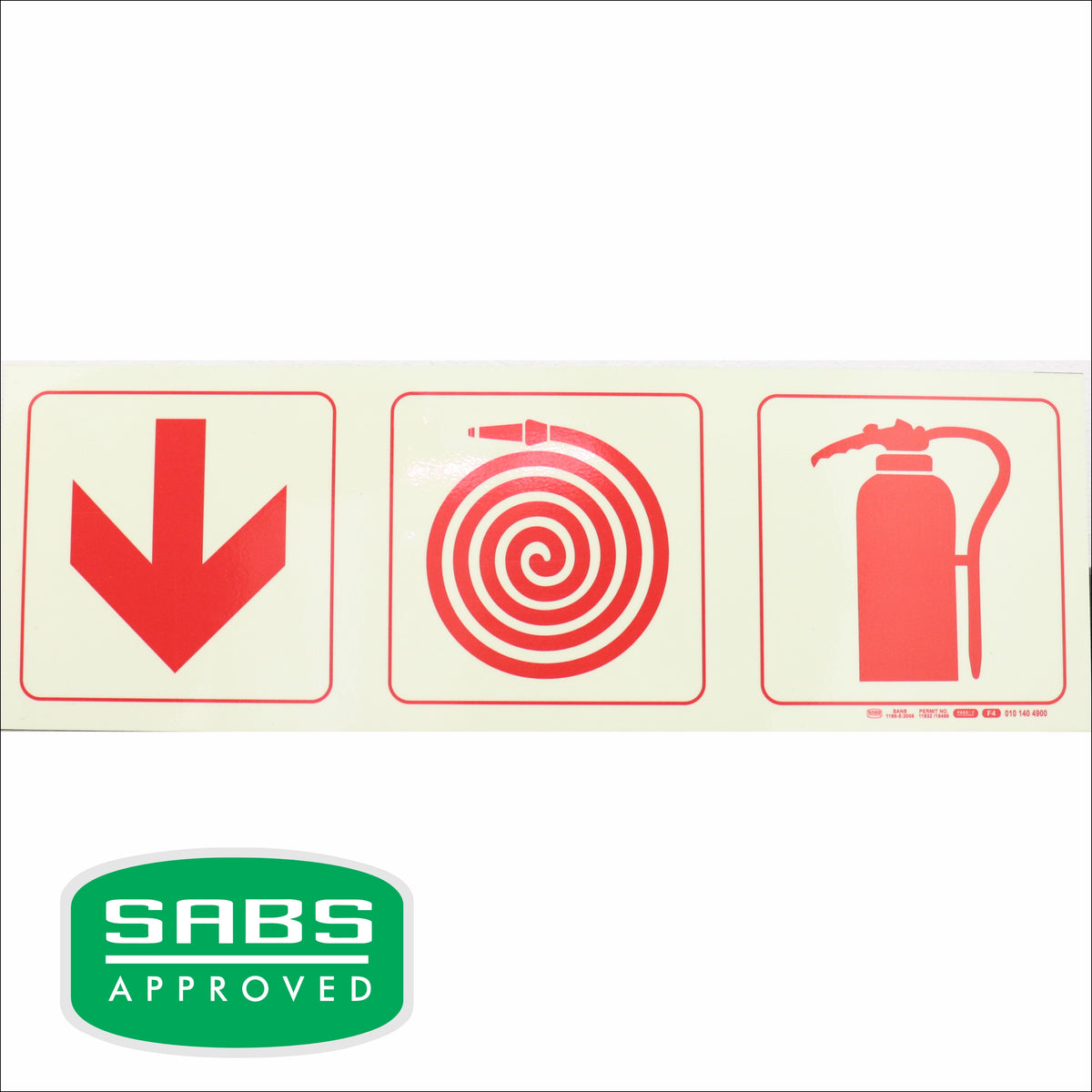 PHOTOLUMINESCENT 190MM SAFETY SIGN - F4-ARROW DOWN+FIRE HOSE REEL+FIRE EXTINGUISHER
