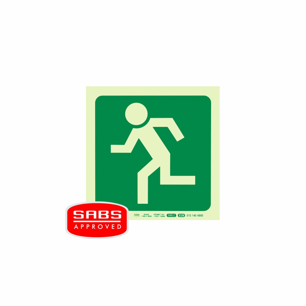 PHOTOLUMINESCENT 190MM SAFETY SIGN -E28-RUNNING MAN FACING LEFT