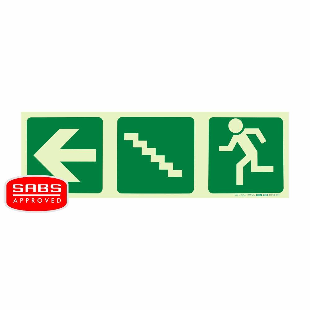 PHOTOLUMINESCENT 190MM SAFETY SIGN -E19-ARROW LEFT+STAIRS GOING UP+RUNNING MAN