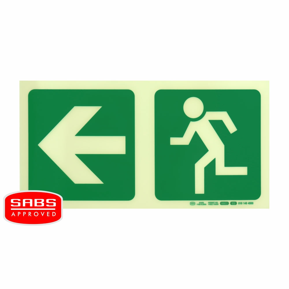 Photoluminescent 190MM Safety Sign - E2-Arrow Left+Running Man