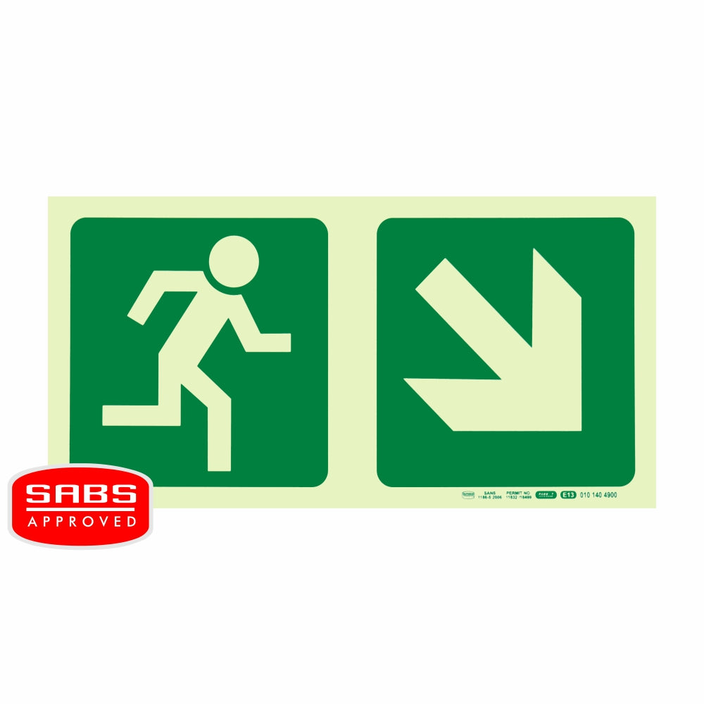 Photoluminescent 190MM Safety Sign - E13-Running Man+Diagonal Arrow Down AND Right