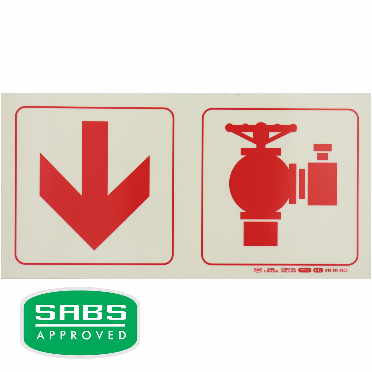 PHOTOLUMINESCENT 190MM SAFETY SIGN - F15-ARROW DOWN+FIRE HYDRANT