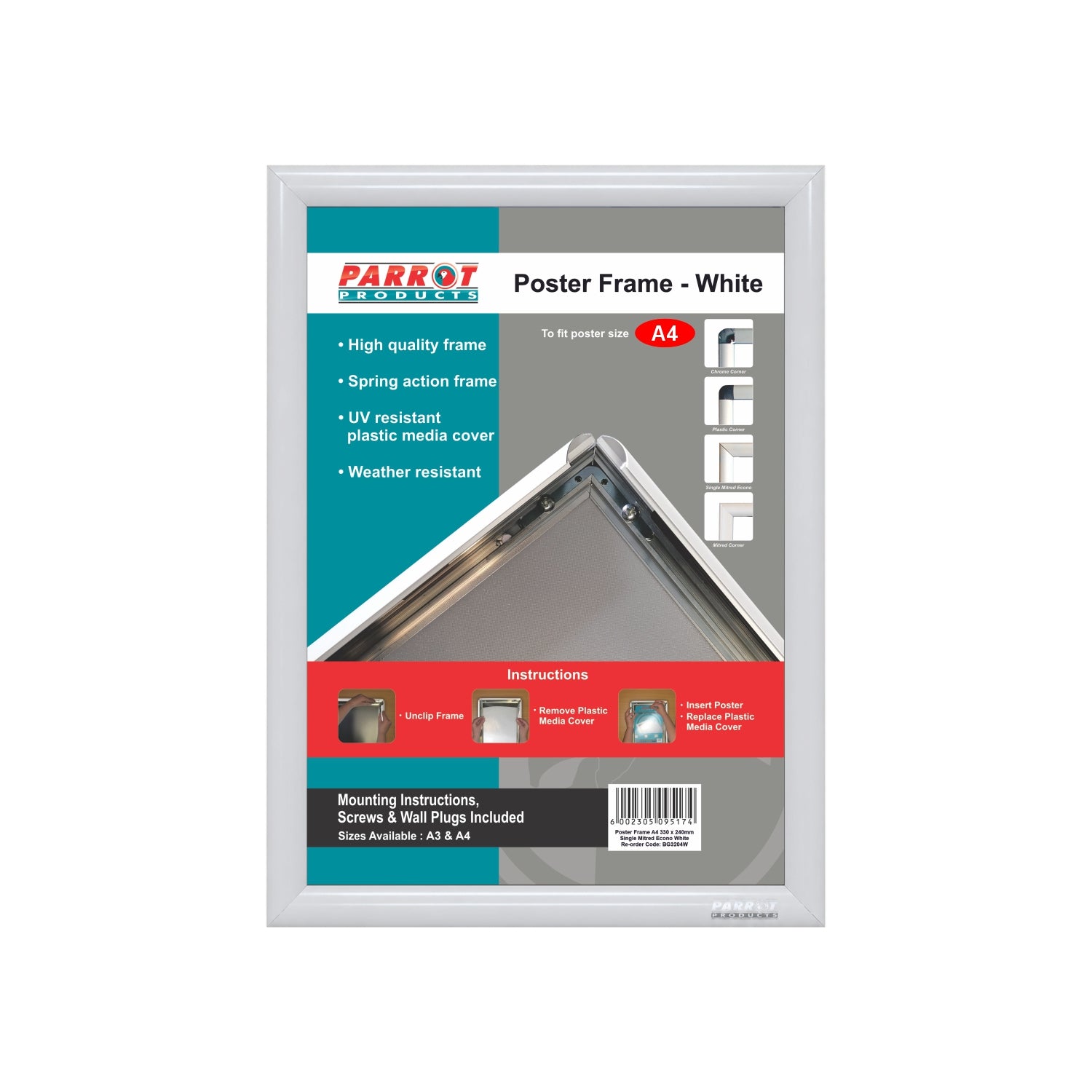 Poster Frame A4 330*240mm Single Mitred Econo White