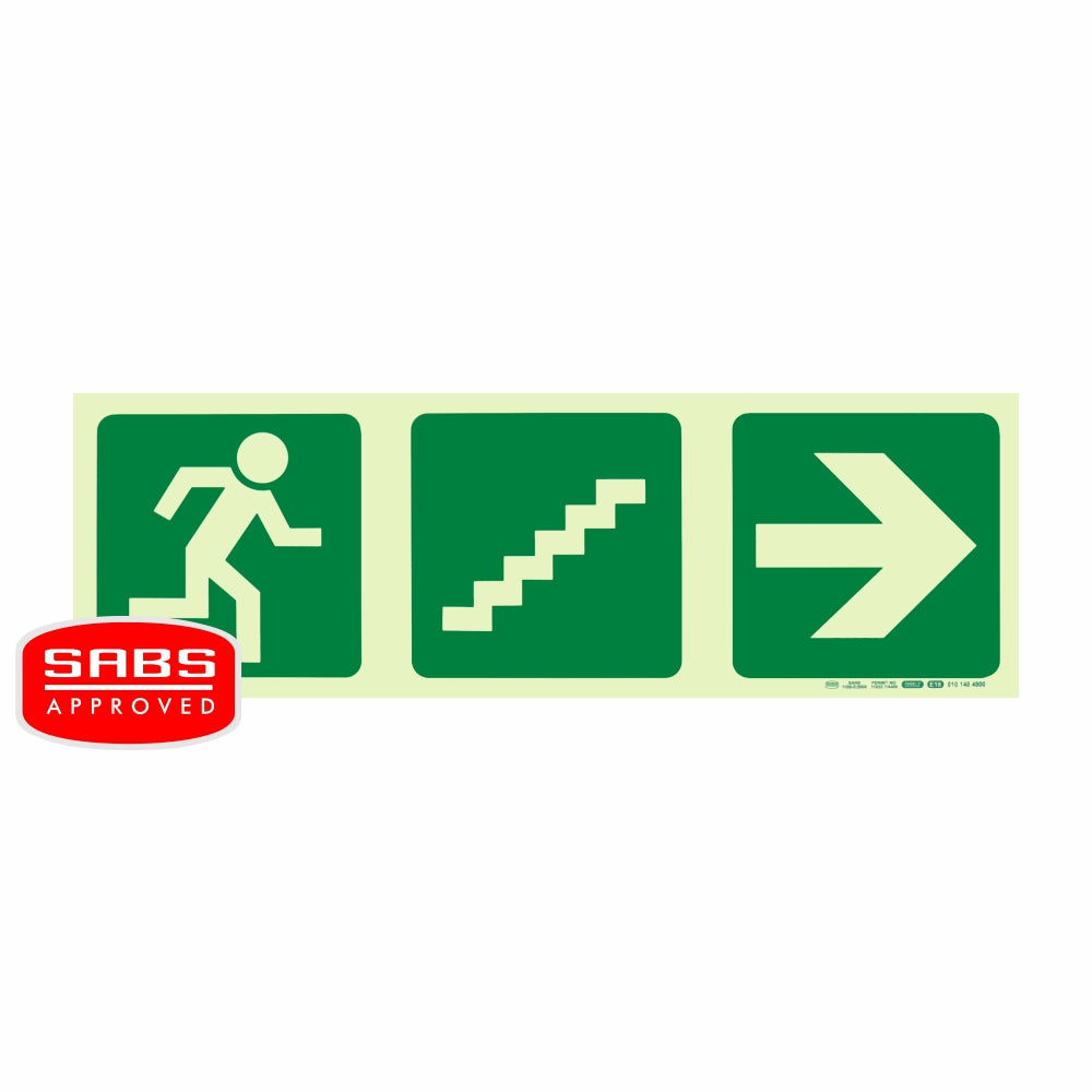 Photoluminescent 190MM Safety Sign - E18-Running Man+Stairs Going Up+Arrow Right
