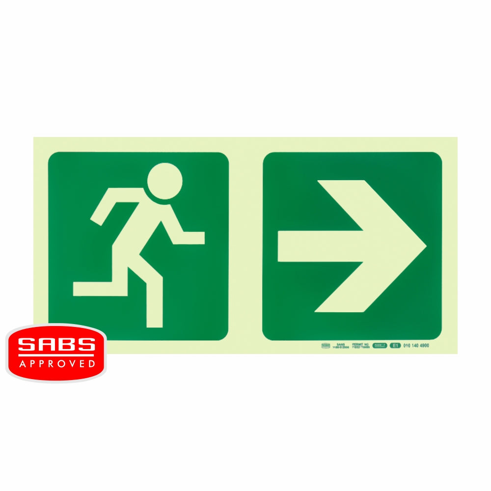 Photoluminescent 190MM Safety Sign - E1-Running Man+Arrow Right