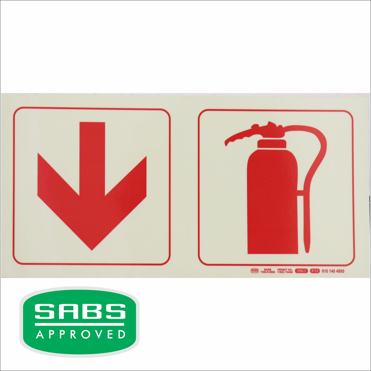 PHOTOLUMINESCENT 190MM SAFETY SIGN - F13-ARROW DOWN+FIRE EXTINGUISHER