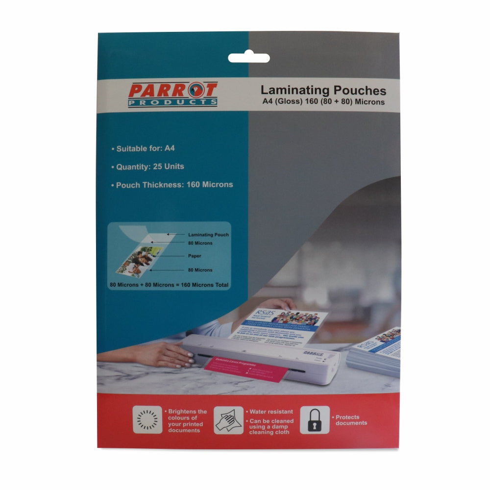 Laminating Pouches (A4 - Gloss - 220x310mm - 160 (80+80) Microns - Pack 25) 220x310mm Office Machine - Parrot at JATA KZN Dur