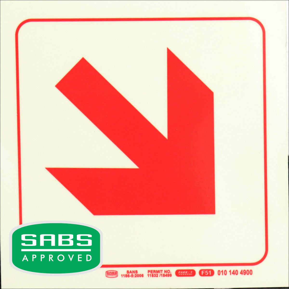 PHOTOLUMINESCENT 190MM SAFETY SIGN - F51-DIAGONAL ARROW DOWN AND RIGHT
