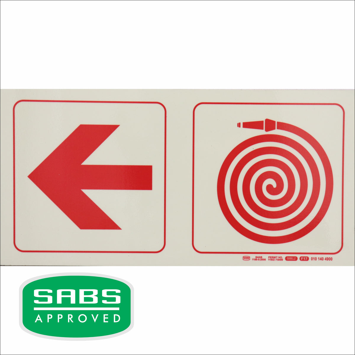 PHOTOLUMINESCENT 190MM SAFETY SIGN - F17-ARROW LEFT+FIRE HOSE REEL