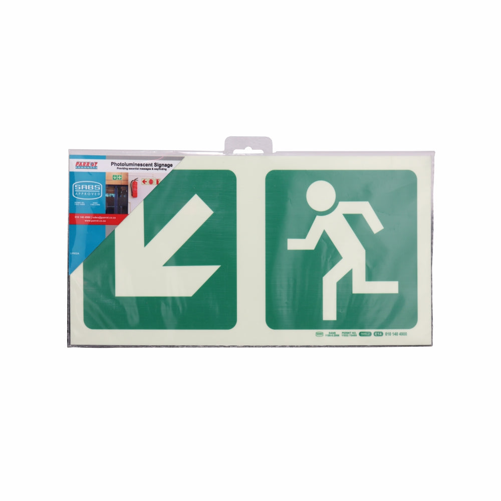 Photoluminescent 190MM Safety Sign - E14-Diagonal Arrow Down AND Left + Running Man