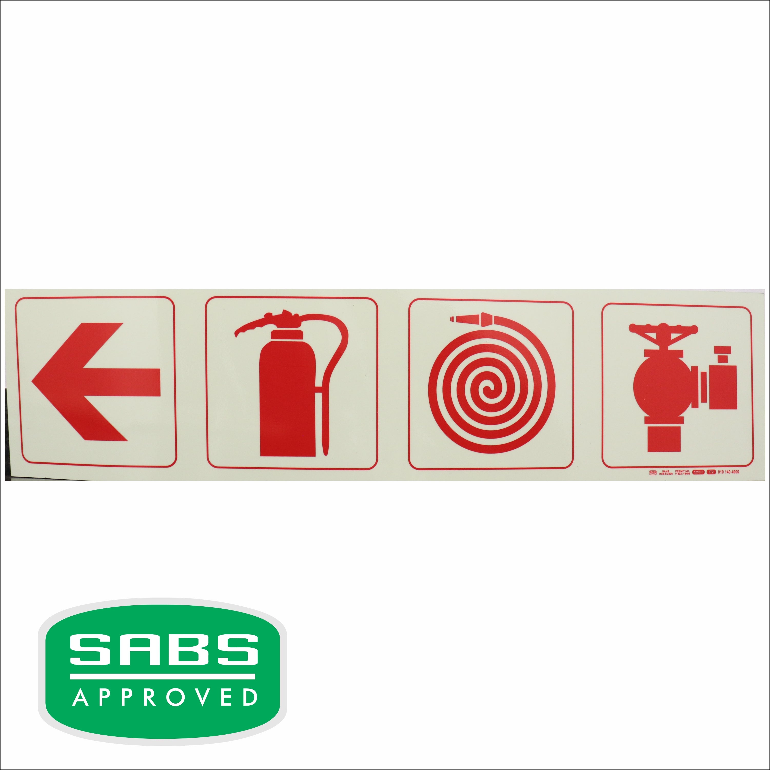 Photoluminescent 190mm Safety Sign - F1-Arrow Down + Fire Extinguisher + Fire Hose Reel+Fire Hyrant
