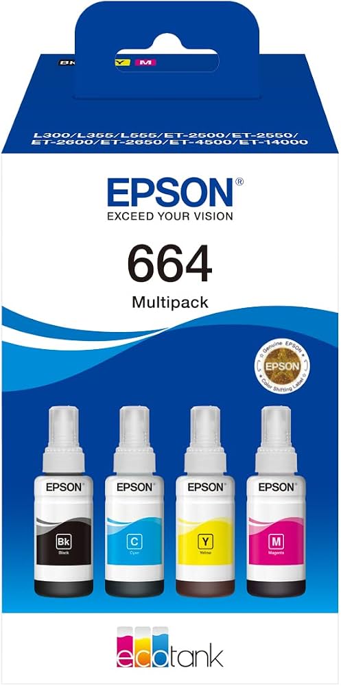 Epson 664 4-Color Ink Bottle Multipack (Black, Cyan, Magenta, Yellow)