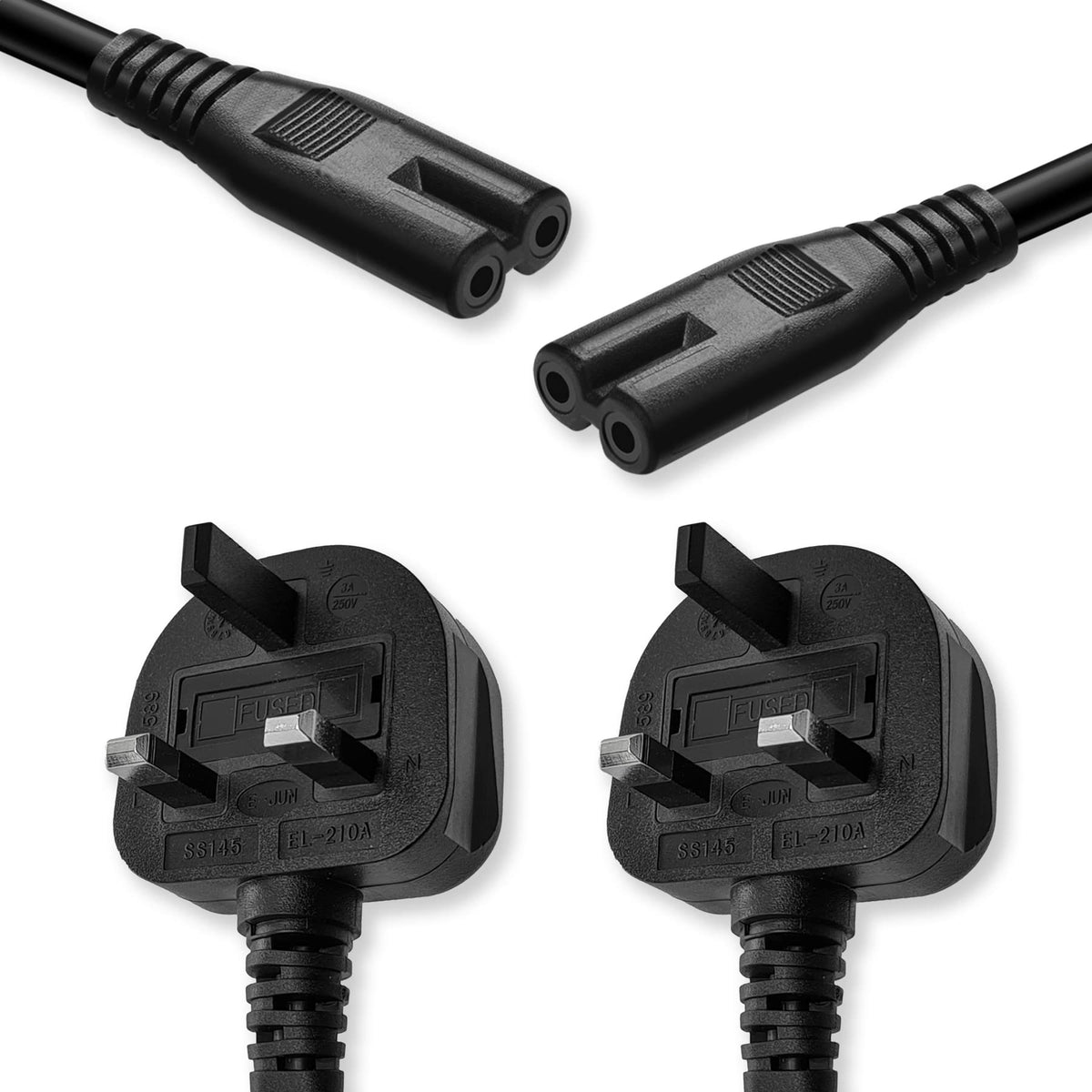 UK 3 Pin To Figure 8 Power Cable 2 Core 0.75mm2 Flat Black