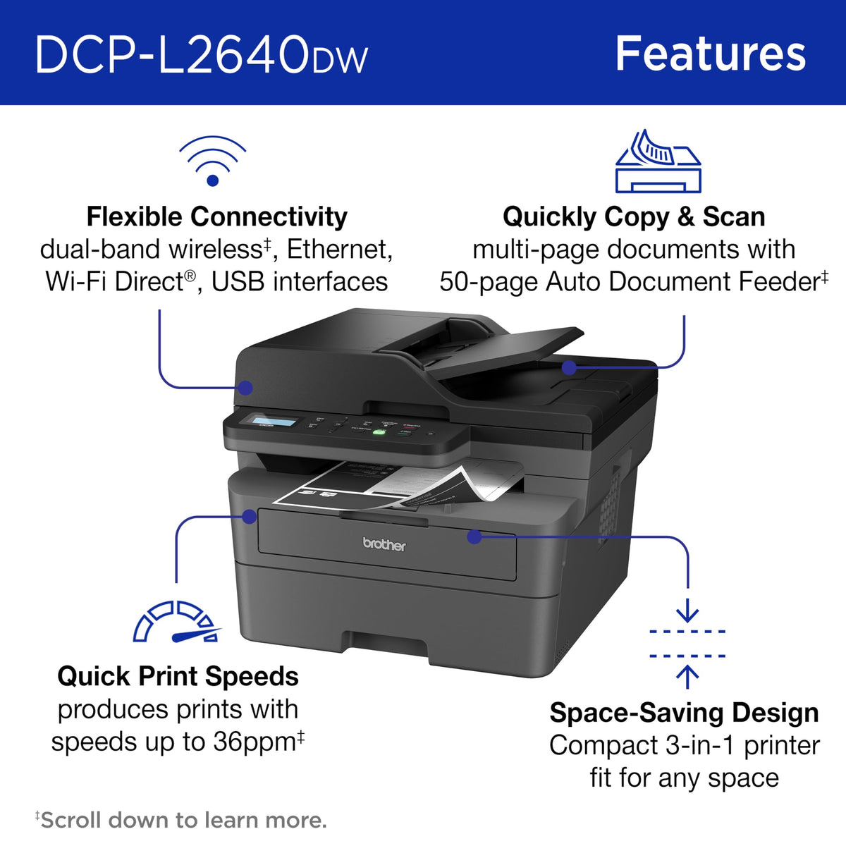 Brother DCP-L2640DW Mono Laser Printer with Duplex, Wired & Wireless Connectivity