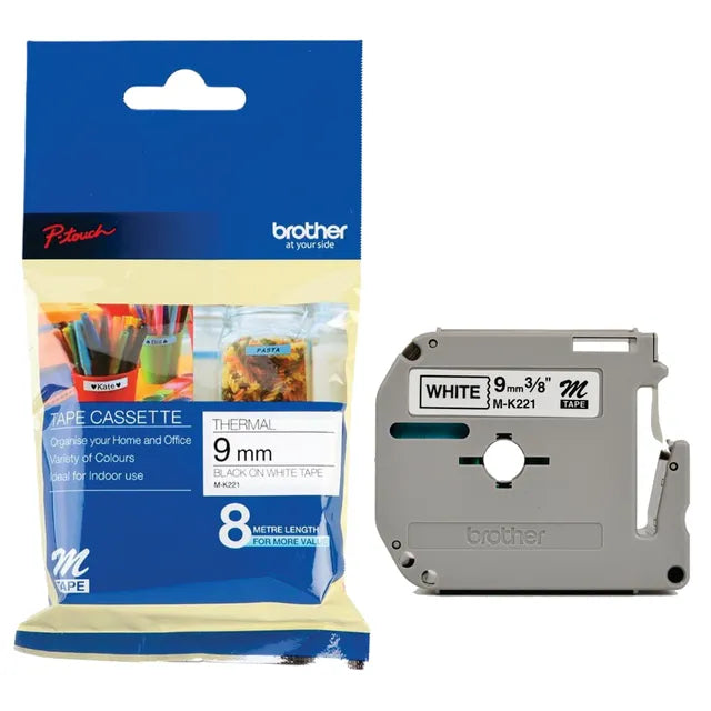 Brother M-K221 Non-Laminated M-Tape, 9mm Black on White (8m)