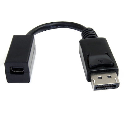 Mini DisplayPort female to DisplayPort male adapter cable for connecting devices with different display interfaces.
