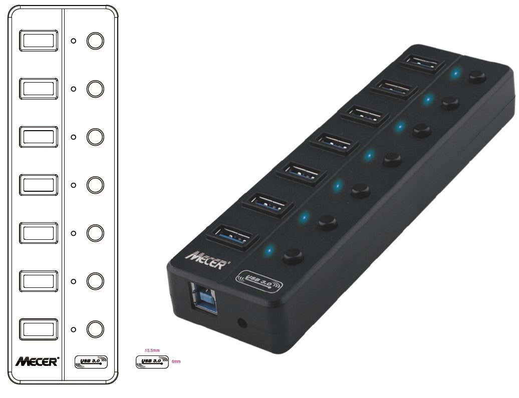 MECER USB 3.1 7 Port External Hub 5Gbps With Adapter