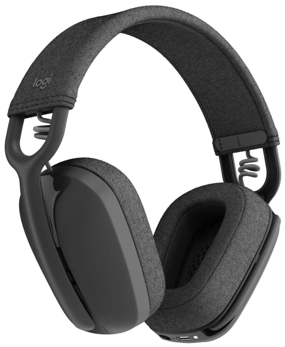 Logitech Zone Vibe 100 Graphite wireless headset showing over-ear design and sleek graphite color.