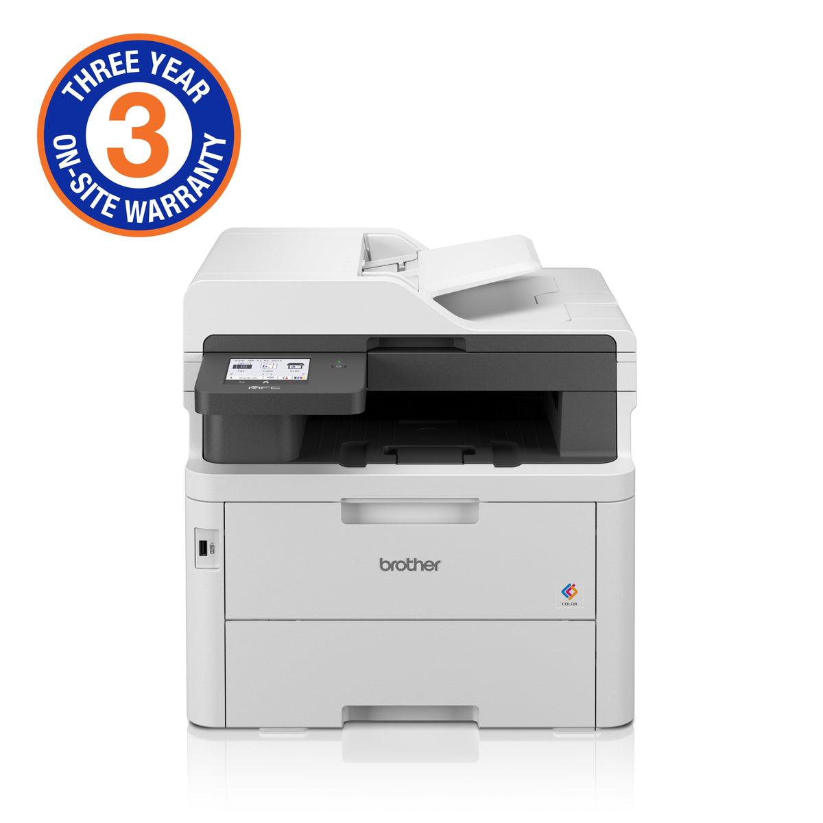 Brother MFC-L3760CDW color laser printer with 3-year warranty for print, copy, scan, and fax functions.