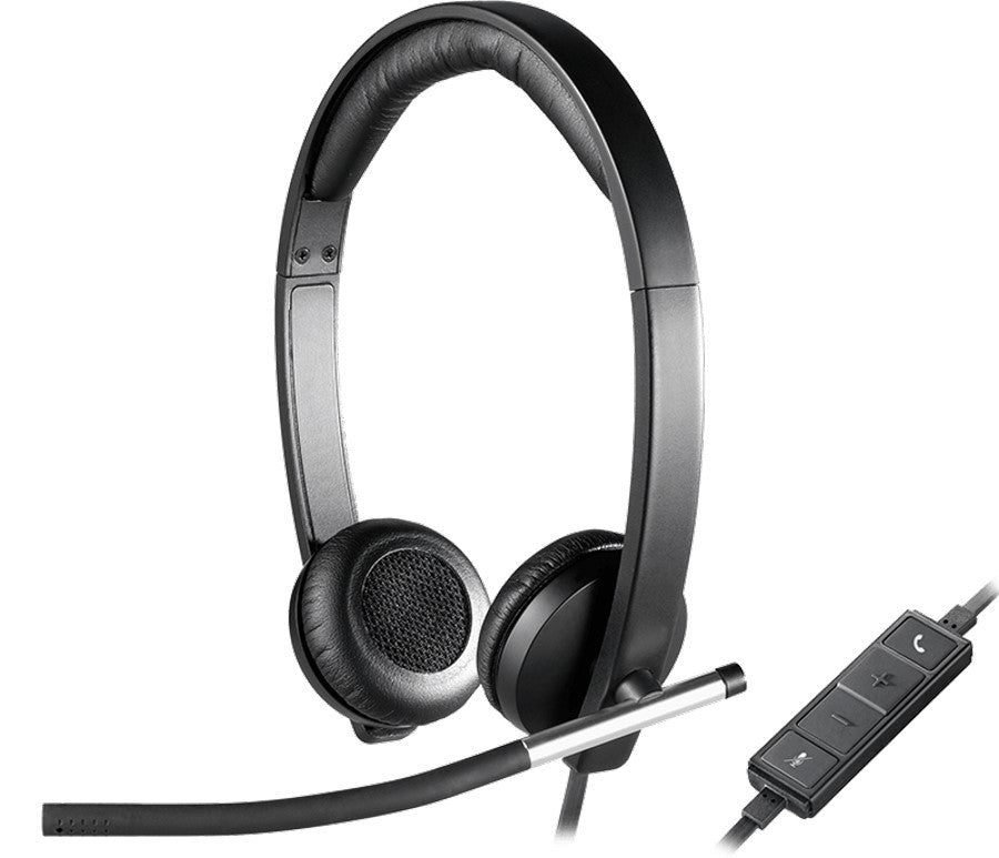 Logitech H650e stereo USB headset, double ear, with noise-canceling microphone and in-call LED indicator.