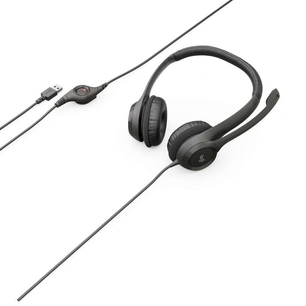 Logitech H390 USB headset with noise-canceling microphone for PC, black. In-line controls for volume and mute.