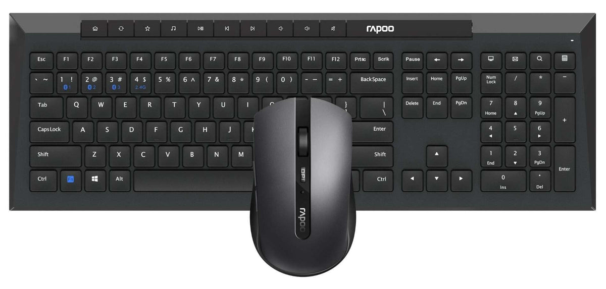 Rapoo 8210M multi-mode wireless keyboard and mouse combo, offering Bluetooth and 2.4GHz connectivity for multiple devices.