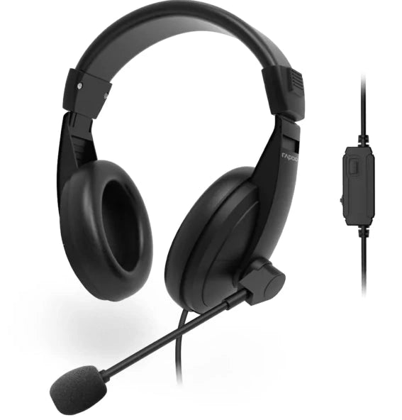 Rapoo H150S USB Stereo Headset, black over-ear headphones with flexible microphone.