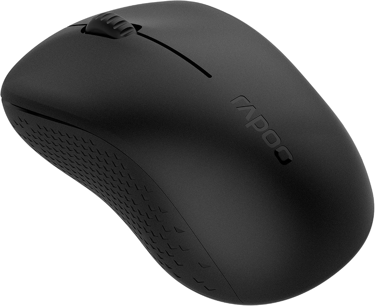 Rapoo M160 Silent Multi-Mode Wireless Mouse, black. Bluetooth and 2.4GHz connectivity, quiet clicks.