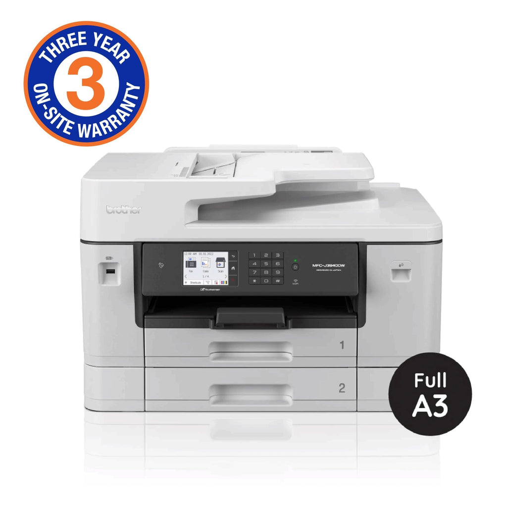 Brother MFC-J3940DW A3 color inkjet printer with 3-year warranty for home or office use. Prints, scans, copies, and faxes.
