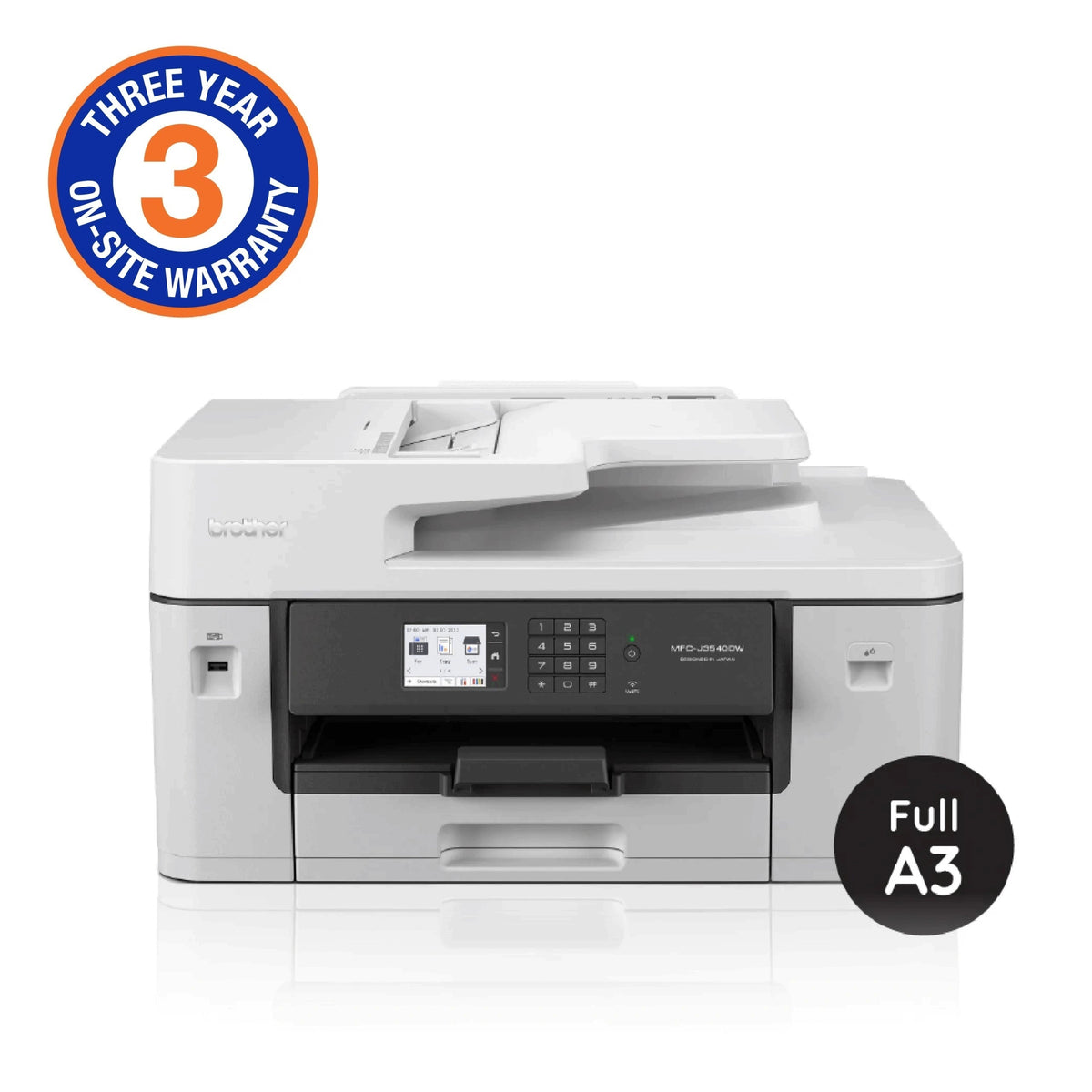 Brother MFC-J3540DW A3 color inkjet printer with touchscreen LCD for printing, copying, scanning, and faxing.