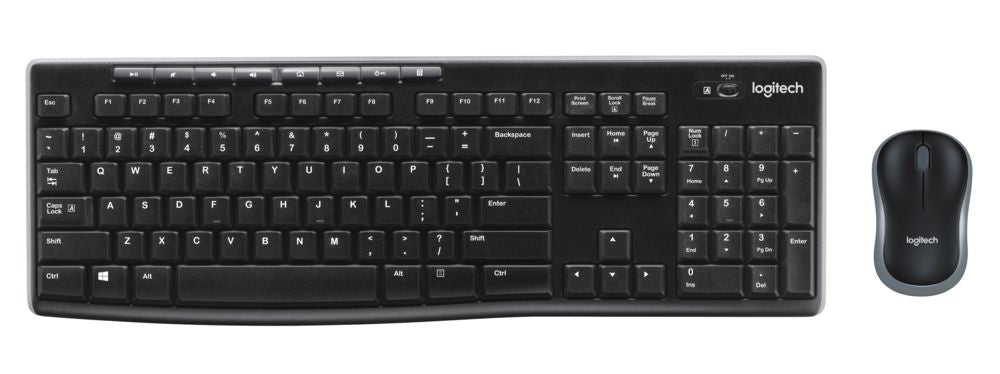 Logitech MK270 wireless keyboard and mouse combo in black, providing a comfortable and reliable computing experience.