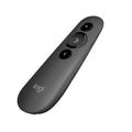 Logitech R500 Graphite Laser Presentation Remote for PowerPoint and Keynote, featuring simple button controls and a red laser pointer.
