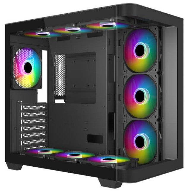 MECER Graphite Curved Gaming ATX Case with 3 ARGB fans and a curved tempered glass front panel.