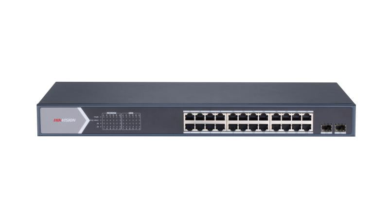 Hikvision L2 Smart Managed 24 Port PoE Switch with 2 SFP ports. High-performance networking solution.