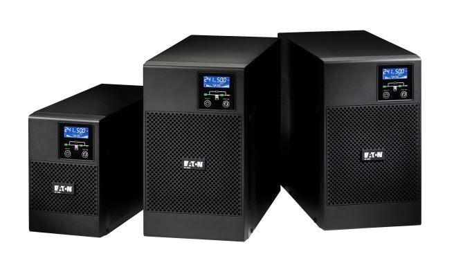 Eaton 9E 1000i Online UPS tower with C13 outlets, 1000VA, providing battery backup and power conditioning.