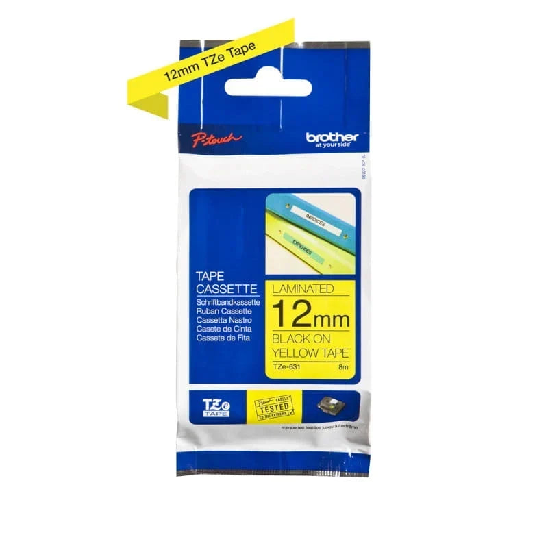 Brother TZE-631 P-touch TZe Laminated Label Tape | 12mm (0.47") Black on Yellow